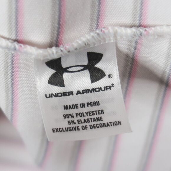 Under Armour Mens Loose Polo Shirt 2XL Pink White Stripes HeatGear Cancer Ribbon - Picture 11 of 11